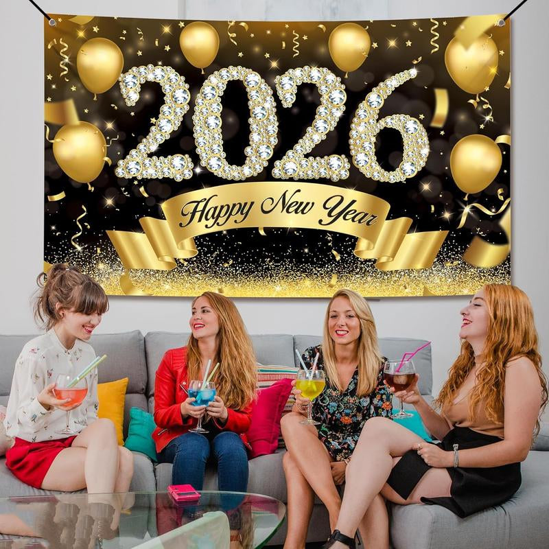 Xtralarge Happy New Year Banner 2026 - 72X44 Inch New Year Backdrop for Happy New Years Decorations 2026 Eve Banner 2026 NYE Decorations 2026 Indoor Outdoor Celebration Photography Background