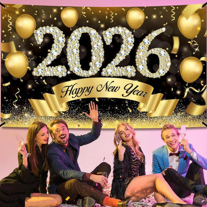 Xtralarge Happy New Year Banner 2026 - 72X44 Inch New Year Backdrop for Happy New Years Decorations 2026 Eve Banner 2026 NYE Decorations 2026 Indoor Outdoor Celebration Photography Background