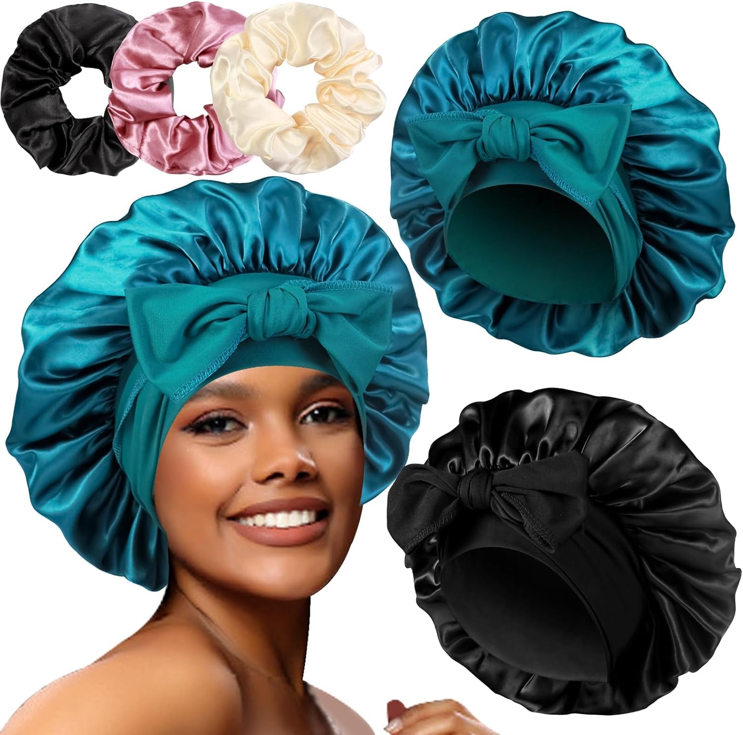 2+3 Large Satin Bonnets with Scrunchies for Women, Hair Bonnet Sleeping Tie Bonnet for Braids Curly Hair