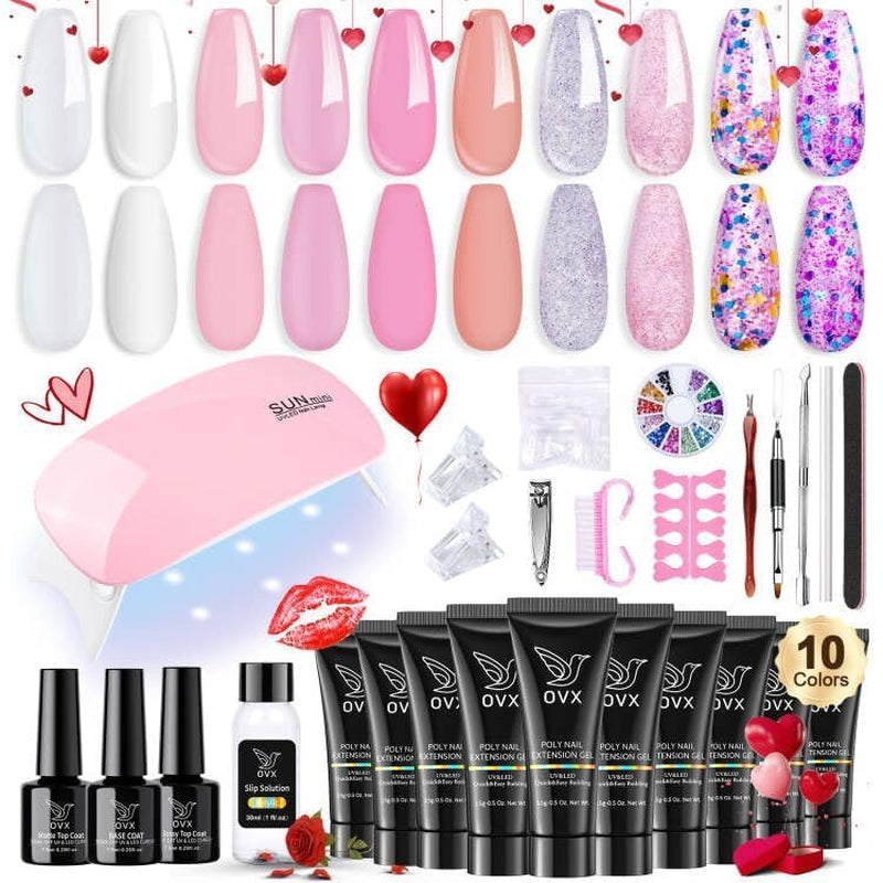 Poly Nail Extension Gel Kit - 10 Colors, Professional Acrylic Nail Art Kit for Beginners with UV Light and Tools