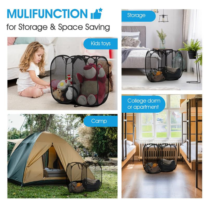 OKAKA 140L Pop-Up Laundry Mesh Hamper with 2 Compartments,Dual Laundry Basket Collapsible for Storage,College Dorm or Travel(Black)