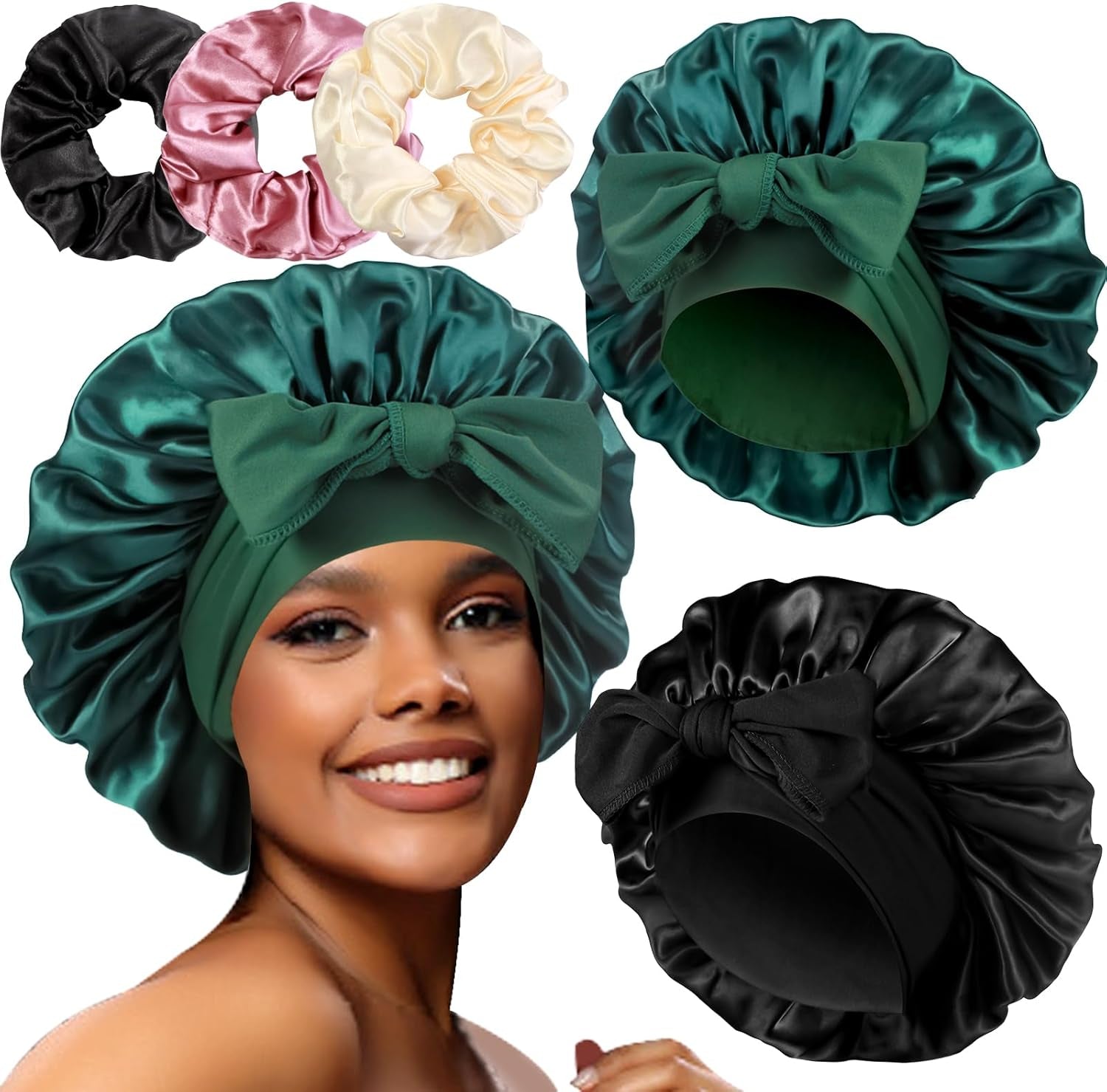 2+3 Large Satin Bonnets with Scrunchies for Women, Hair Bonnet Sleeping Tie Bonnet for Braids Curly Hair