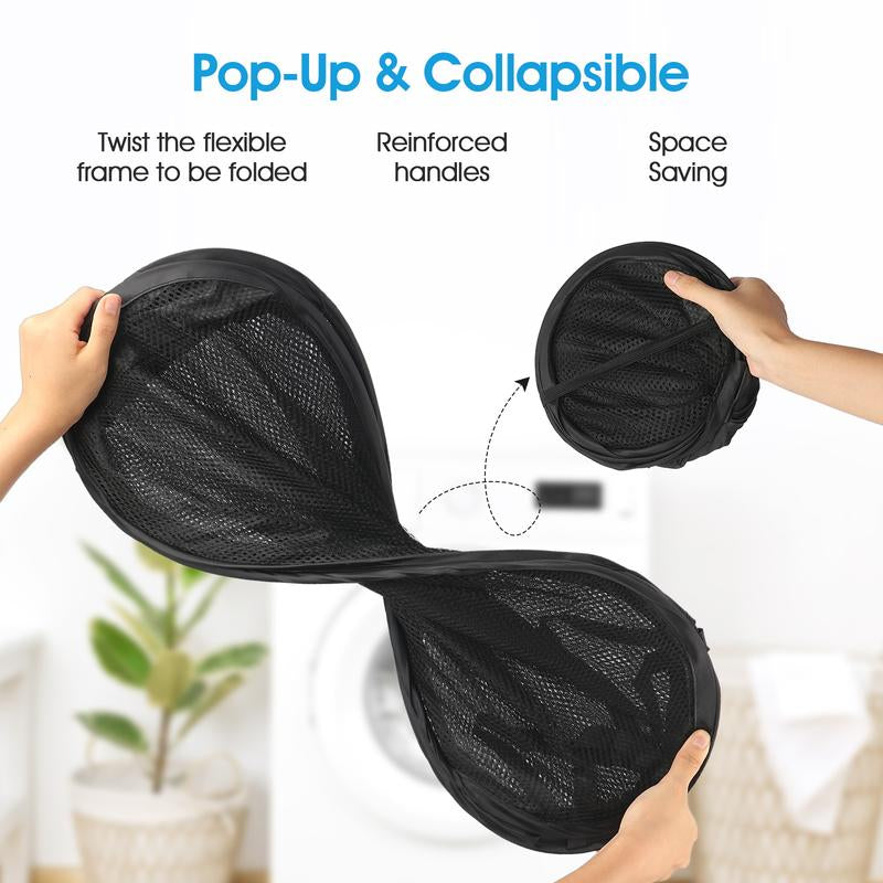 OKAKA 140L Pop-Up Laundry Mesh Hamper with 2 Compartments,Dual Laundry Basket Collapsible for Storage,College Dorm or Travel(Black)