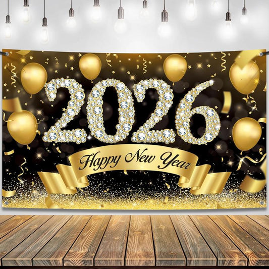 Xtralarge Happy New Year Banner 2026 - 72X44 Inch New Year Backdrop for Happy New Years Decorations 2026 Eve Banner 2026 NYE Decorations 2026 Indoor Outdoor Celebration Photography Background