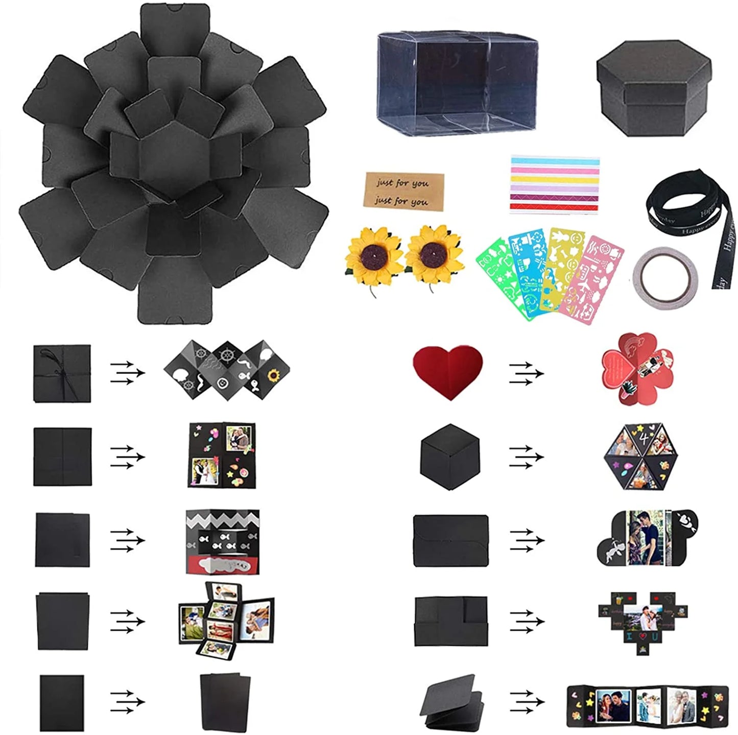 Black Explosion Box DIY Handmade Photo Album,Gift Box with 6 Faces for Wedding