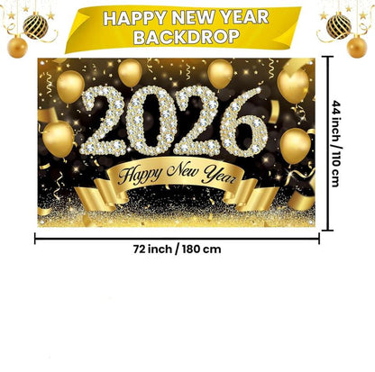 Xtralarge Happy New Year Banner 2026 - 72X44 Inch New Year Backdrop for Happy New Years Decorations 2026 Eve Banner 2026 NYE Decorations 2026 Indoor Outdoor Celebration Photography Background