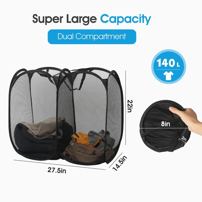 OKAKA 140L Pop-Up Laundry Mesh Hamper with 2 Compartments,Dual Laundry Basket Collapsible for Storage,College Dorm or Travel(Black)