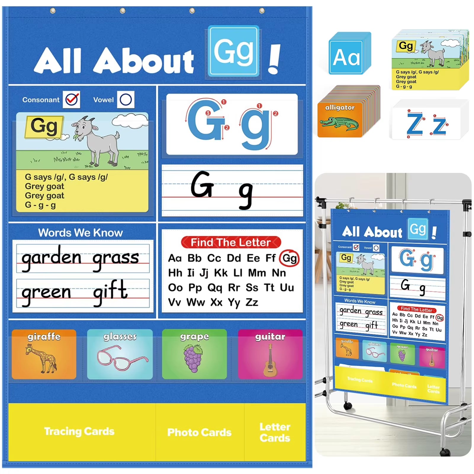 Alphabet Learning Pocket Chart Set Alphabet Wall Chart ABC Flash Cards Letter Learning Chart for Early Childhood Education