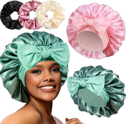 2+3 Large Satin Bonnets with Scrunchies for Women, Hair Bonnet Sleeping Tie Bonnet for Braids Curly Hair