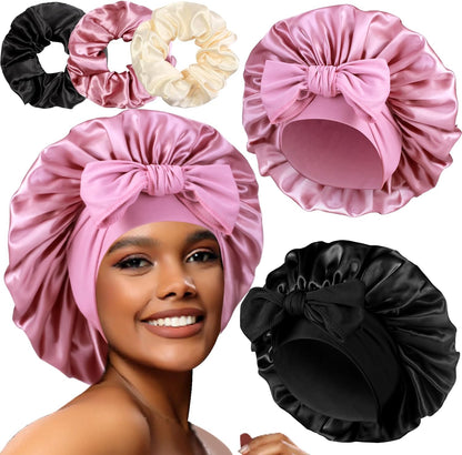 2+3 Large Satin Bonnets with Scrunchies for Women, Hair Bonnet Sleeping Tie Bonnet for Braids Curly Hair
