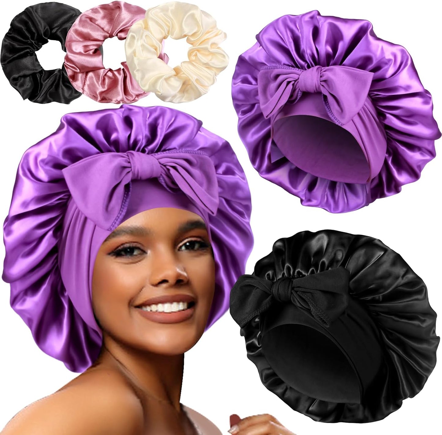 2+3 Large Satin Bonnets with Scrunchies for Women, Hair Bonnet Sleeping Tie Bonnet for Braids Curly Hair