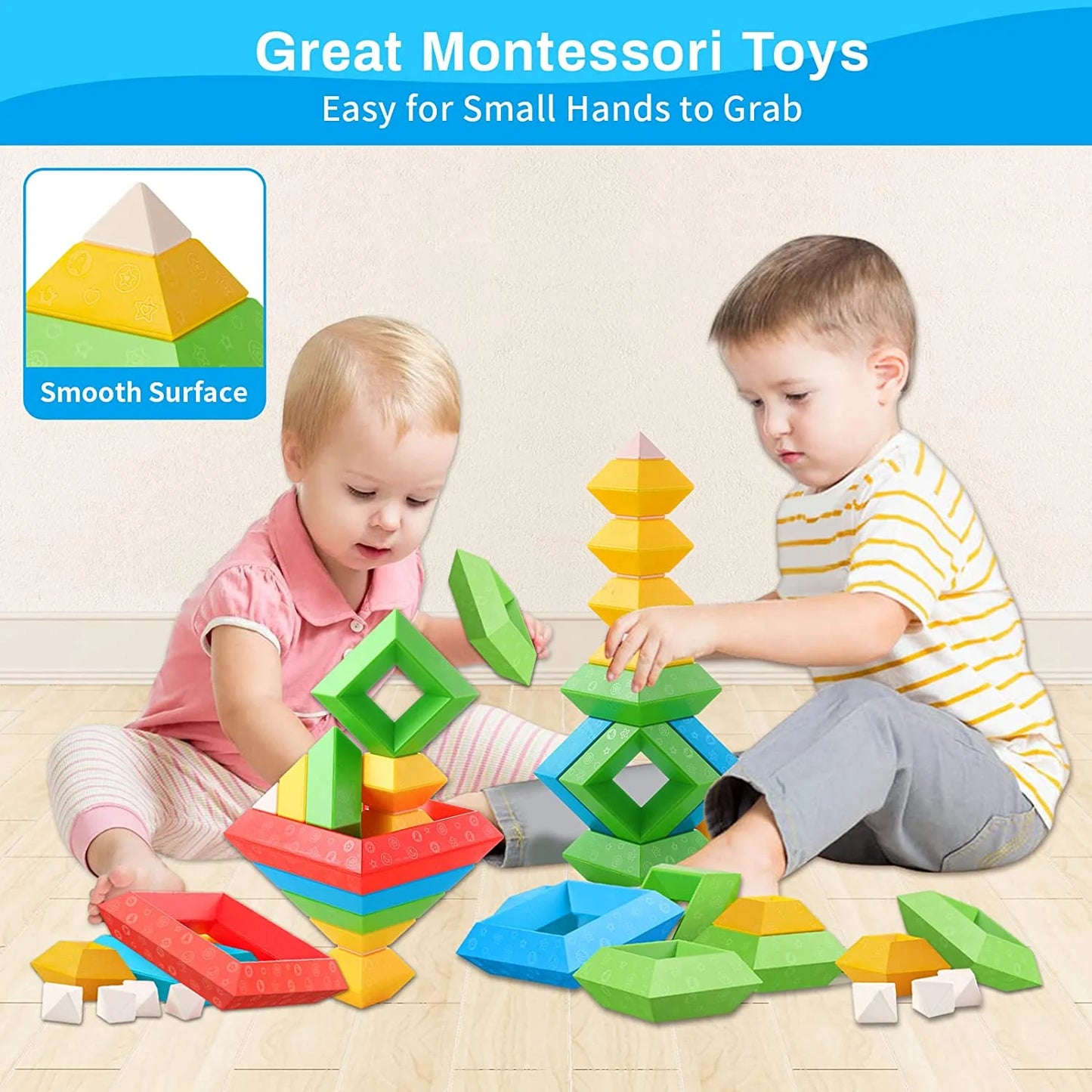 Toddler Stacking Building Blocks Educational Toys, Montessori Activities Learning Toys for 1 2 3+ Year Old, Sensory Toys Gifts for Toddler 1-3Y Boys & Girls, 30 Piece Set