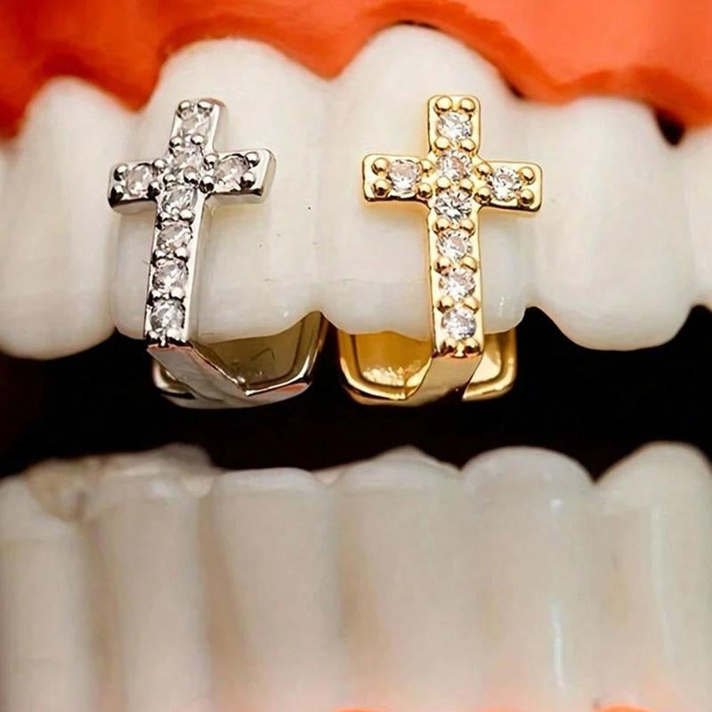 2 Pieces Cross-Shaped Copper Micro-Set Zirconia Single Hip-Hop Tooth Cap Tooth Decoration Trendy Dental Accessory