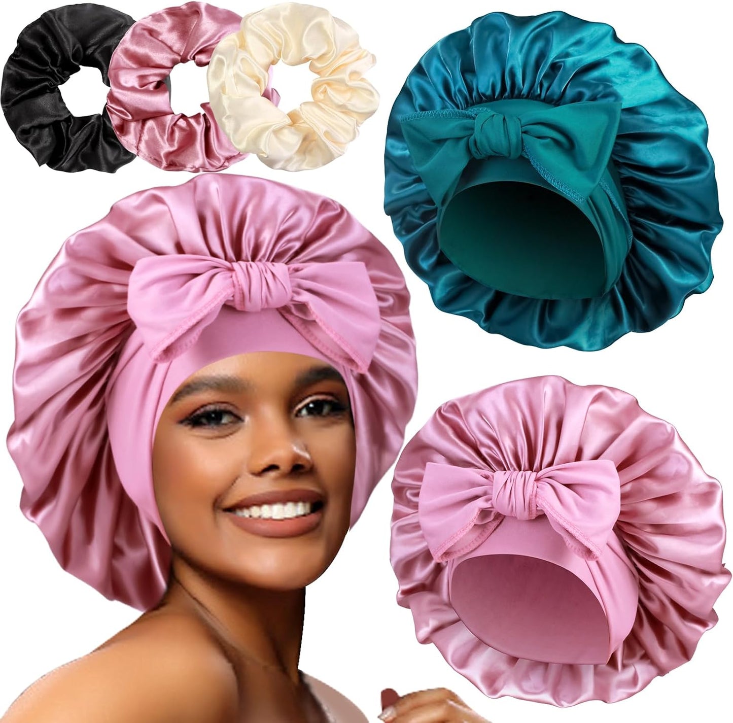2+3 Large Satin Bonnets with Scrunchies for Women, Hair Bonnet Sleeping Tie Bonnet for Braids Curly Hair