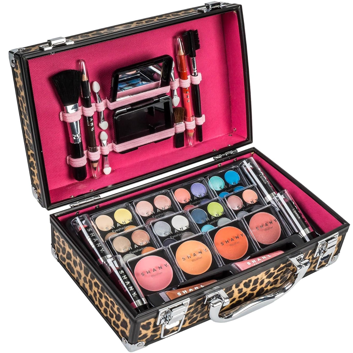 Carry All Make up Train Case with Pro Makeup Set, Beauty Brushes, Lipsticks, Eye Shadows, Blushes, Powders, and More - Reusable Cosmetics Storage Organizer - Premium Gift Packaging - Leopard