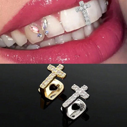 2 Pieces Cross-Shaped Copper Micro-Set Zirconia Single Hip-Hop Tooth Cap Tooth Decoration Trendy Dental Accessory
