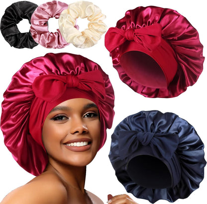 2+3 Large Satin Bonnets with Scrunchies for Women, Hair Bonnet Sleeping Tie Bonnet for Braids Curly Hair