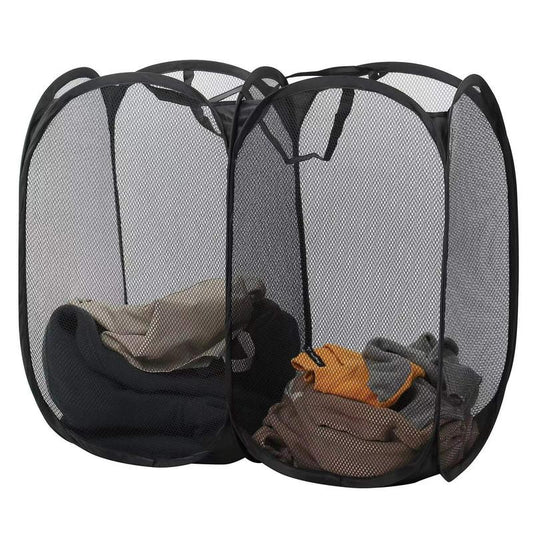 OKAKA 140L Pop-Up Laundry Mesh Hamper with 2 Compartments,Dual Laundry Basket Collapsible for Storage,College Dorm or Travel(Black)