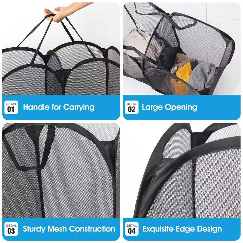OKAKA 140L Pop-Up Laundry Mesh Hamper with 2 Compartments,Dual Laundry Basket Collapsible for Storage,College Dorm or Travel(Black)