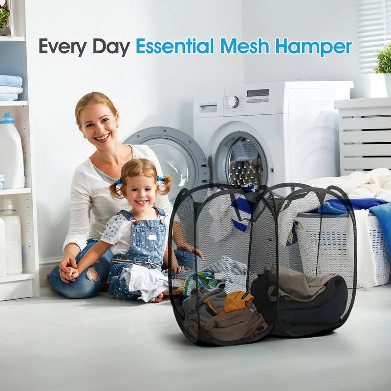 OKAKA 140L Pop-Up Laundry Mesh Hamper with 2 Compartments,Dual Laundry Basket Collapsible for Storage,College Dorm or Travel(Black)