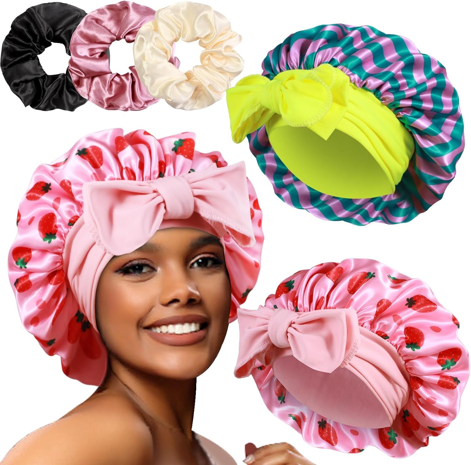2+3 Large Satin Bonnets with Scrunchies for Women, Hair Bonnet Sleeping Tie Bonnet for Braids Curly Hair