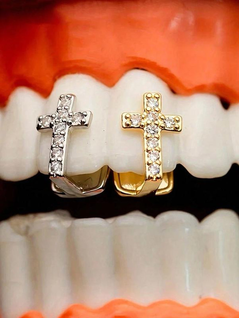 2 Pieces Cross-Shaped Copper Micro-Set Zirconia Single Hip-Hop Tooth Cap Tooth Decoration Trendy Dental Accessory