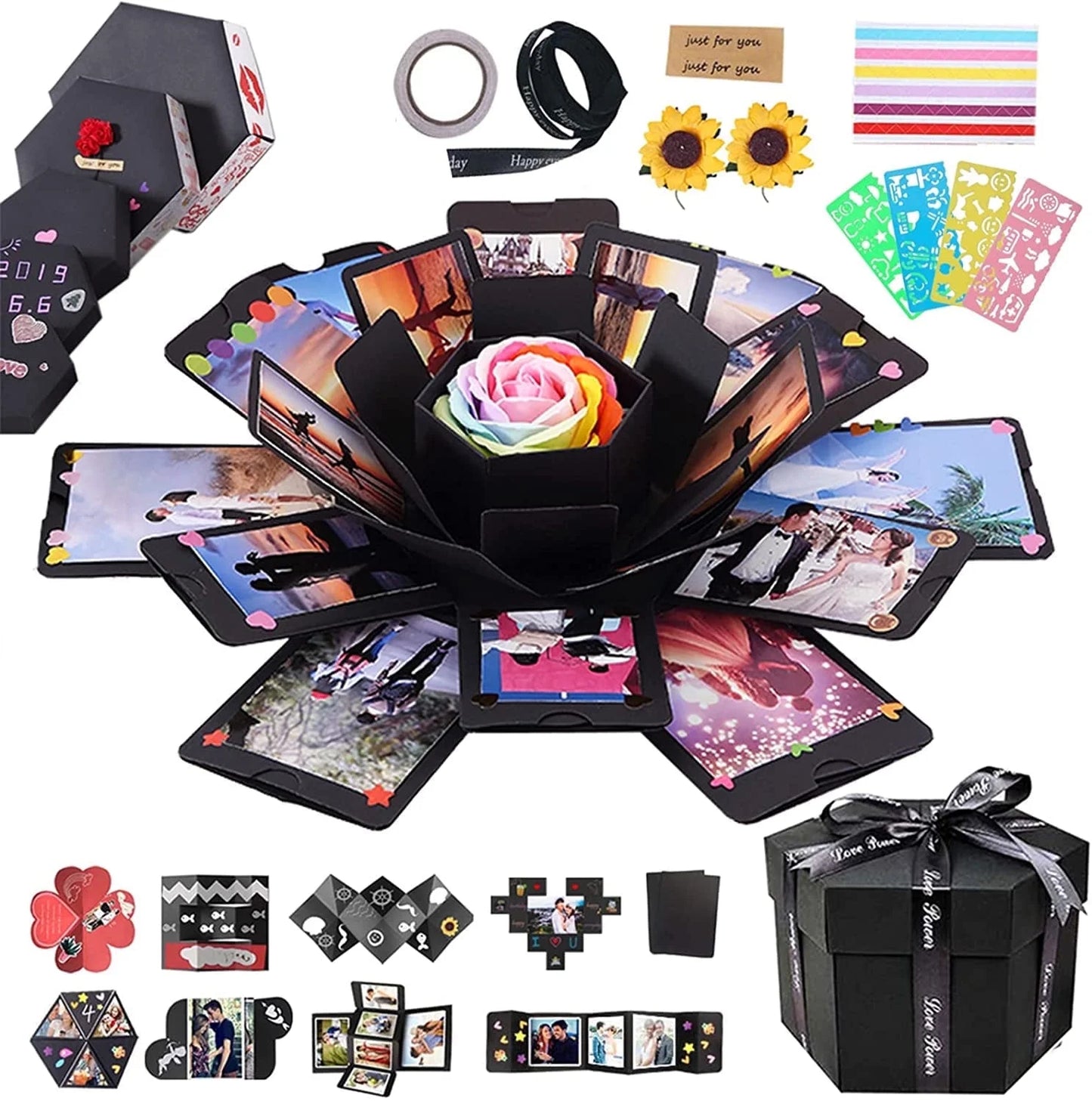Black Explosion Box DIY Handmade Photo Album,Gift Box with 6 Faces for Wedding