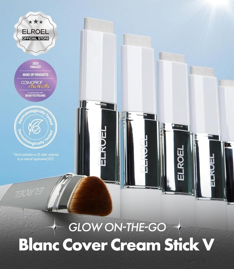 ELROEL BLANC Cover Cream Stick V W/ Detachable Brush - Korean Skin Care Color-Changing Foundation Stick with Collagen Capsules (0.45 Oz)